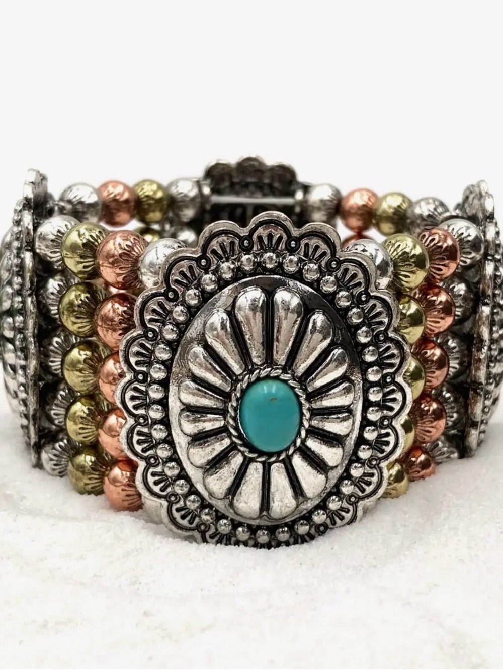 Turquoise Center Tri-Tone Beaded Concho Bracelet